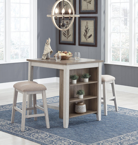 Close-up of plank effect light brown tabletop with three open shelves underneath
