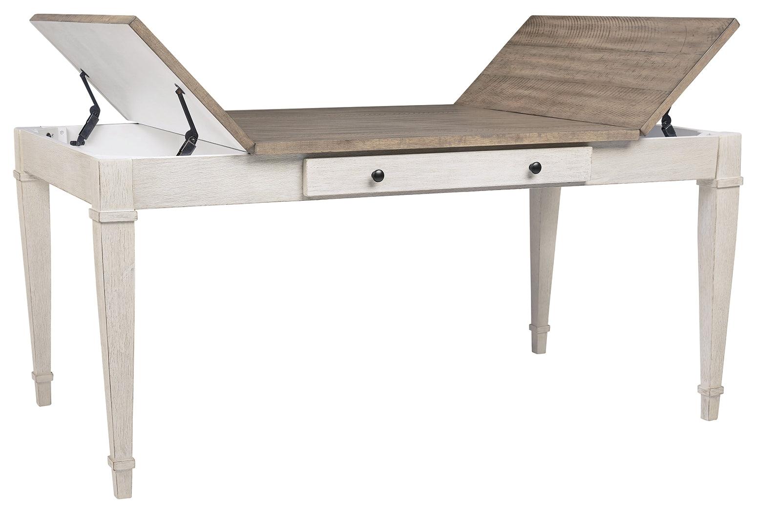 Lift-top storage bins on Skempton dining table opened