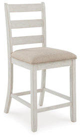 Bar stool close-up showing upholstery and ladderback detail