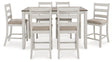 Skempton counter height dining table with brown plank-effect top and white base, front view