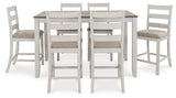 Skempton counter height dining table with brown plank-effect top and white base, front view