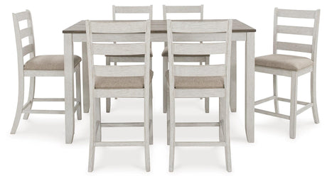 Skempton counter height dining table with brown plank-effect top and white base, front view