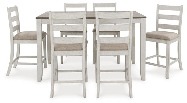Skempton counter height dining table with brown plank-effect top and white base, front view