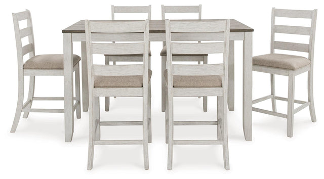 Skempton counter height dining table with brown plank-effect top and white base, front view