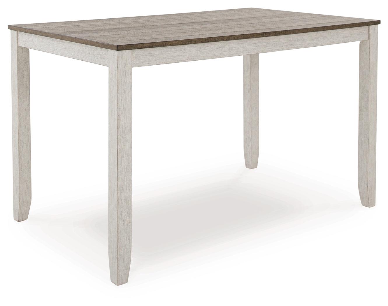 Dining table and bar stools set angled view showcasing combination of white base and brown top
