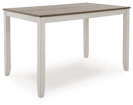 Dining table and bar stools set angled view showcasing combination of white base and brown top