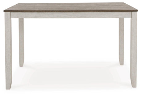 Dining table head-on view highlighting rectangular shape and finish
