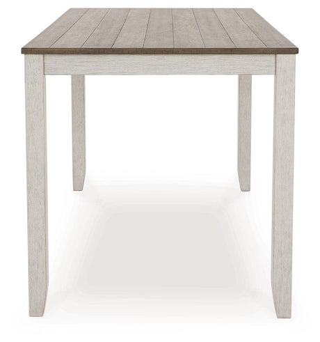 Side view of dining table showing leg base and top thickness