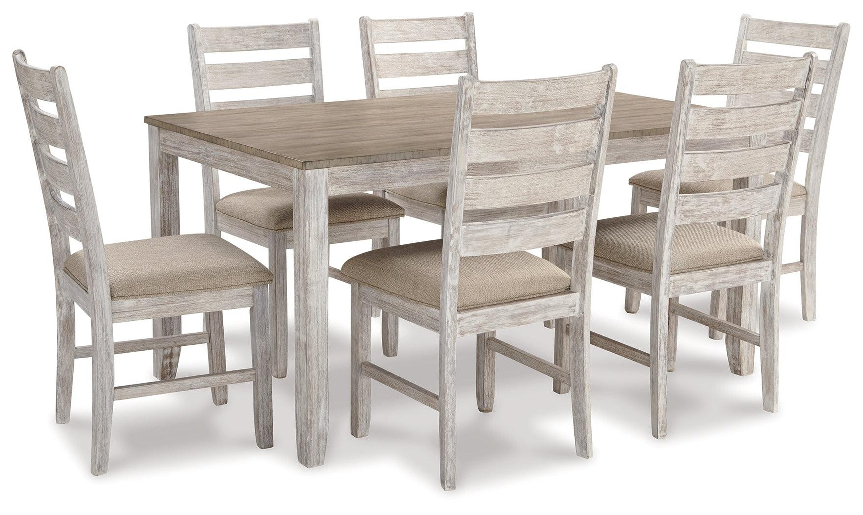Dining table top showing light brown plank-effect finish