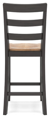 Gesthaven natural wood and brown counter height dining table with two barstools front view