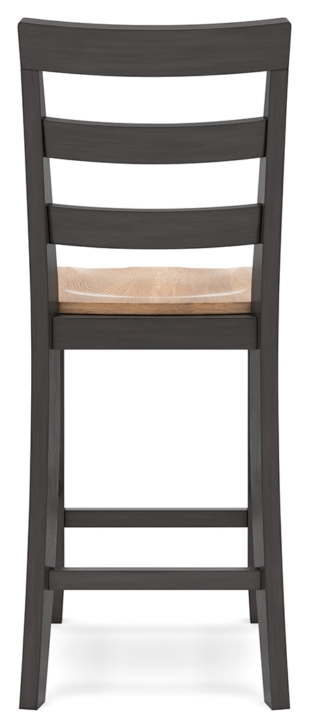 Gesthaven natural wood and brown counter height dining table with two barstools front view