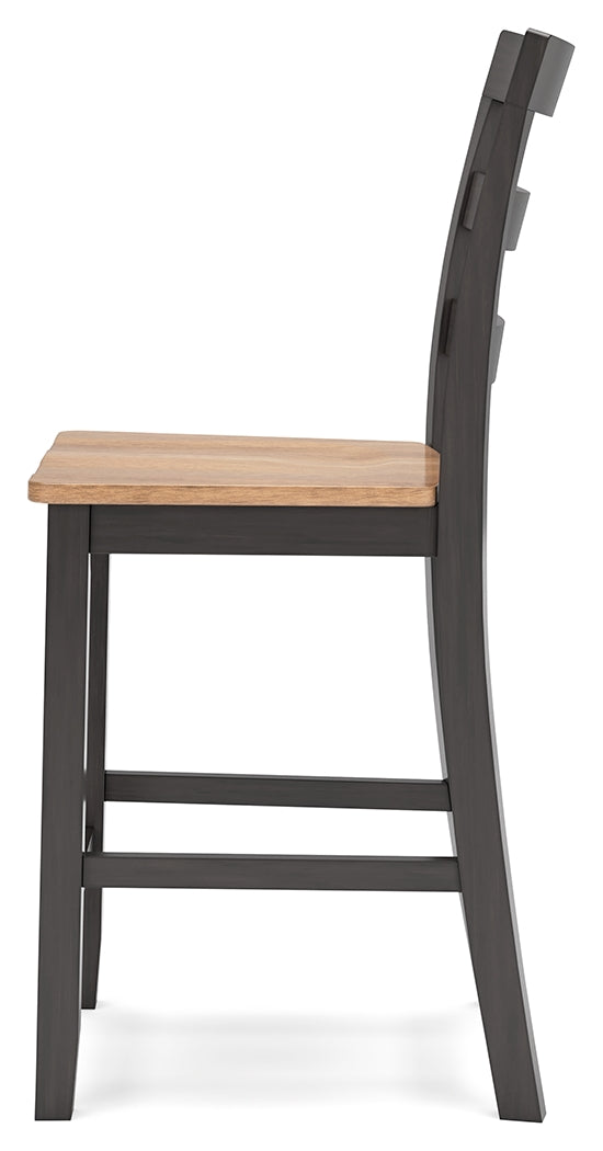 Gesthaven natural wood and brown counter height dining table with two barstools front view