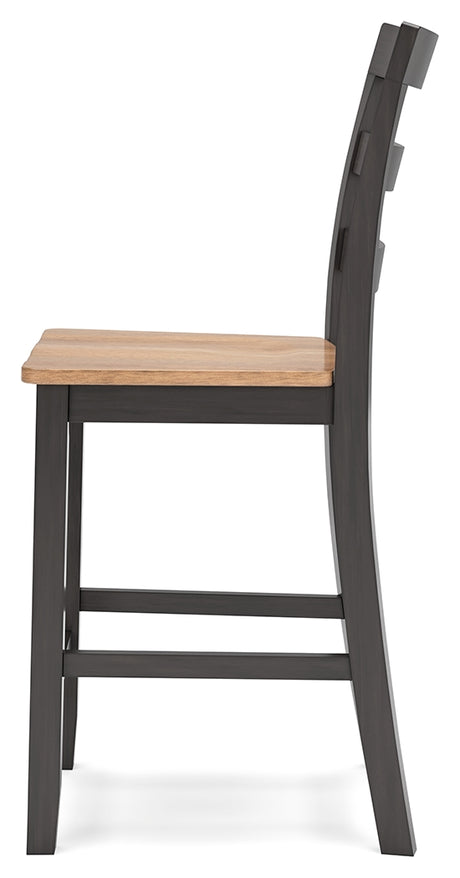 Gesthaven natural wood and brown counter height dining table with two barstools front view