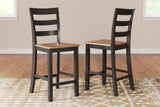 Gesthaven natural wood and brown counter height dining table with two barstools front view