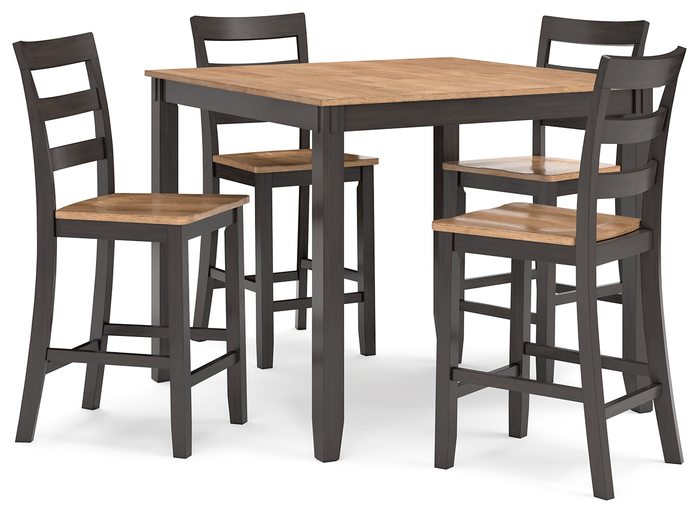 Angle view of Gesthaven counter height dining table with ladderback barstools