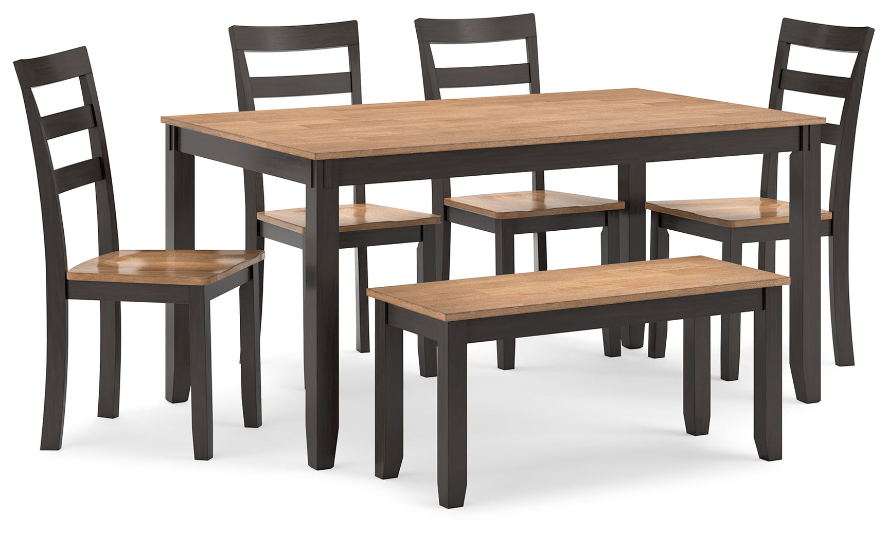 Four ladderback dining chairs with contoured seats in natural and brown finish