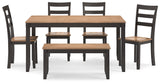Front view of rectangular dining table with matching bench