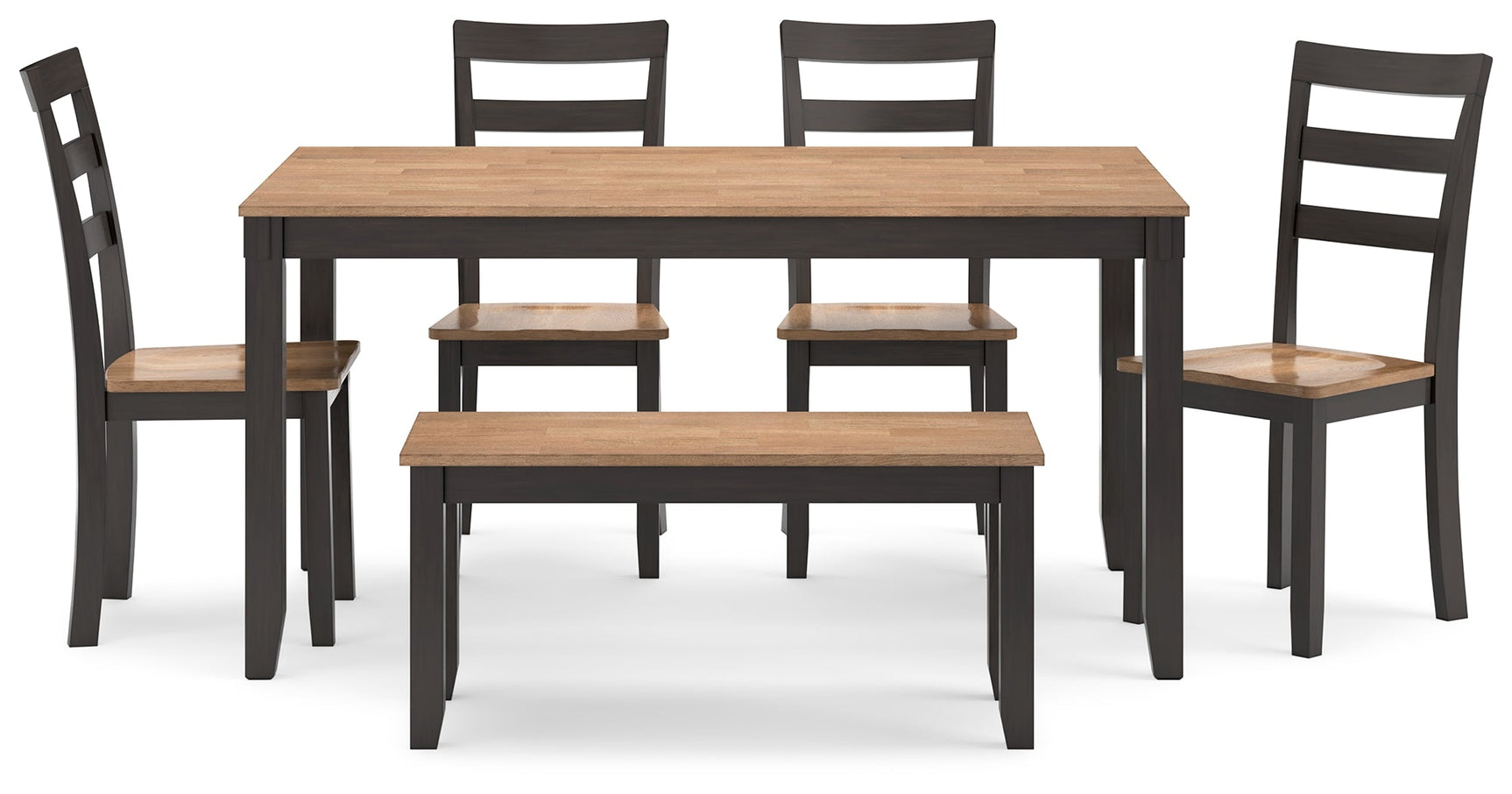 Front view of rectangular dining table with matching bench