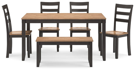 Front view of rectangular dining table with matching bench