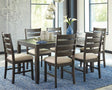 Rokane brown rectangular dining table with six upholstered chairs set in dining room