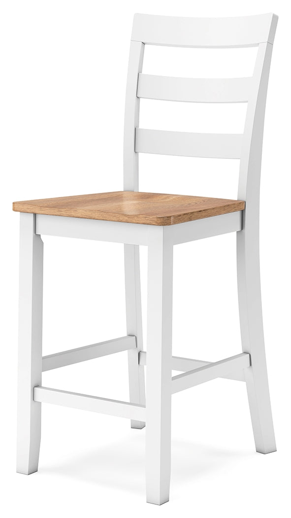 Gesthaven natural wood and white counter height dining table with two barstools, front view
