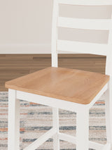 Gesthaven natural wood and white counter height dining table with two barstools, front view