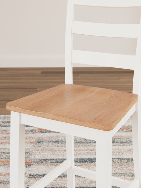 Gesthaven natural wood and white counter height dining table with two barstools, front view