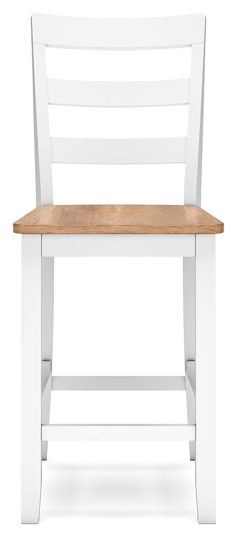 Gesthaven natural wood and white counter height dining table with two barstools, front view