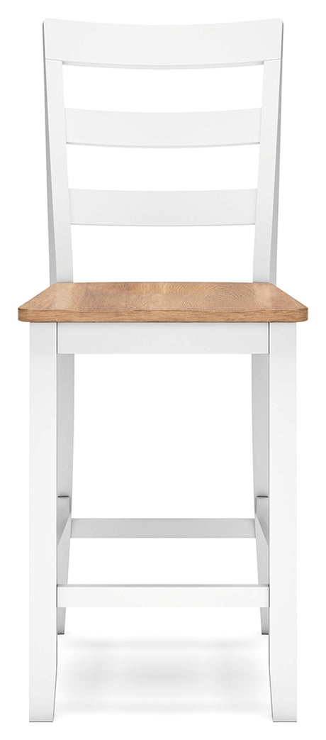 Gesthaven natural wood and white counter height dining table with two barstools, front view