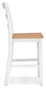 Gesthaven natural wood and white counter height dining table with two barstools, front view