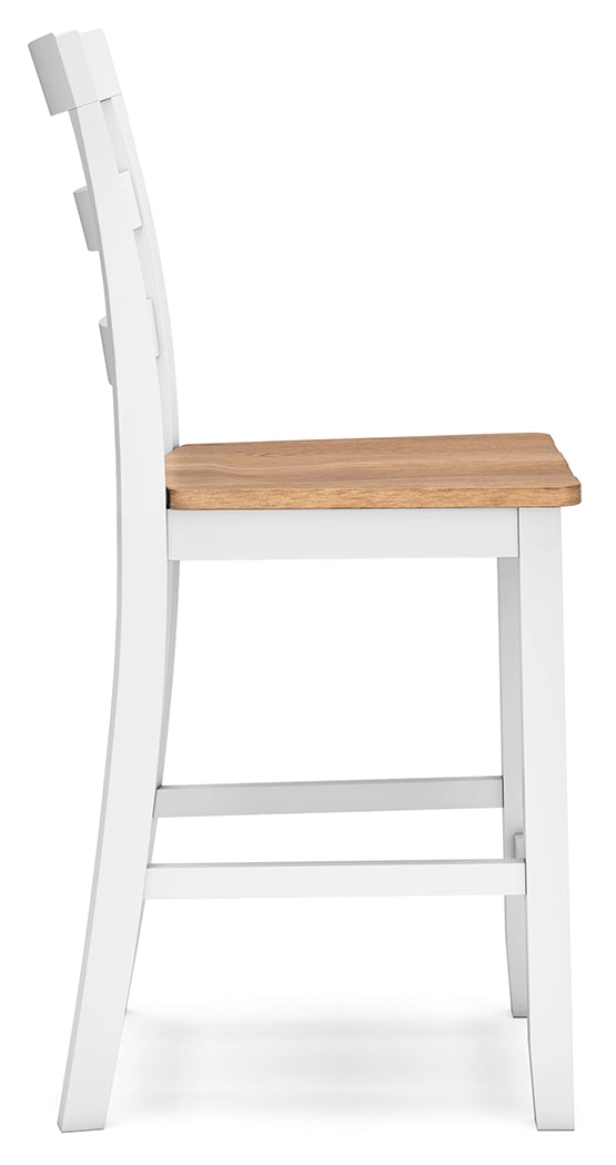 Gesthaven natural wood and white counter height dining table with two barstools, front view