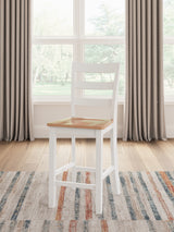 Gesthaven natural wood and white counter height dining table with two barstools, front view