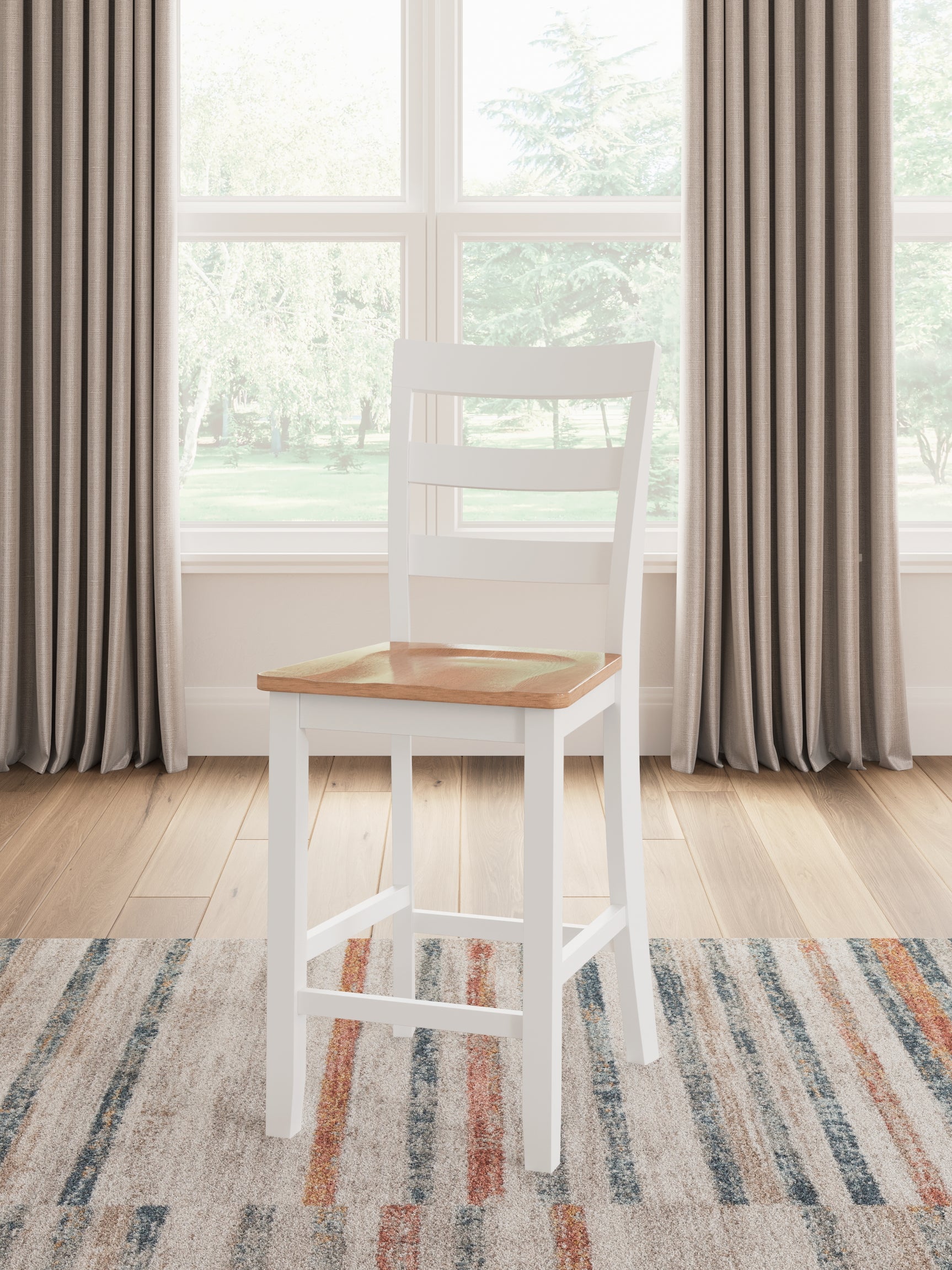 Gesthaven natural wood and white counter height dining table with two barstools, front view