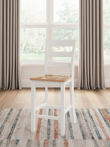 Gesthaven natural wood and white counter height dining table with two barstools, front view