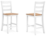 Gesthaven natural wood and white counter height dining table with two barstools, front view