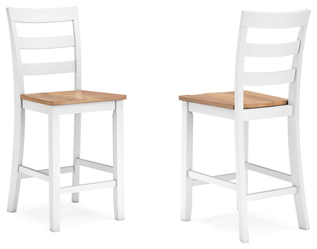 Gesthaven natural wood and white counter height dining table with two barstools, front view