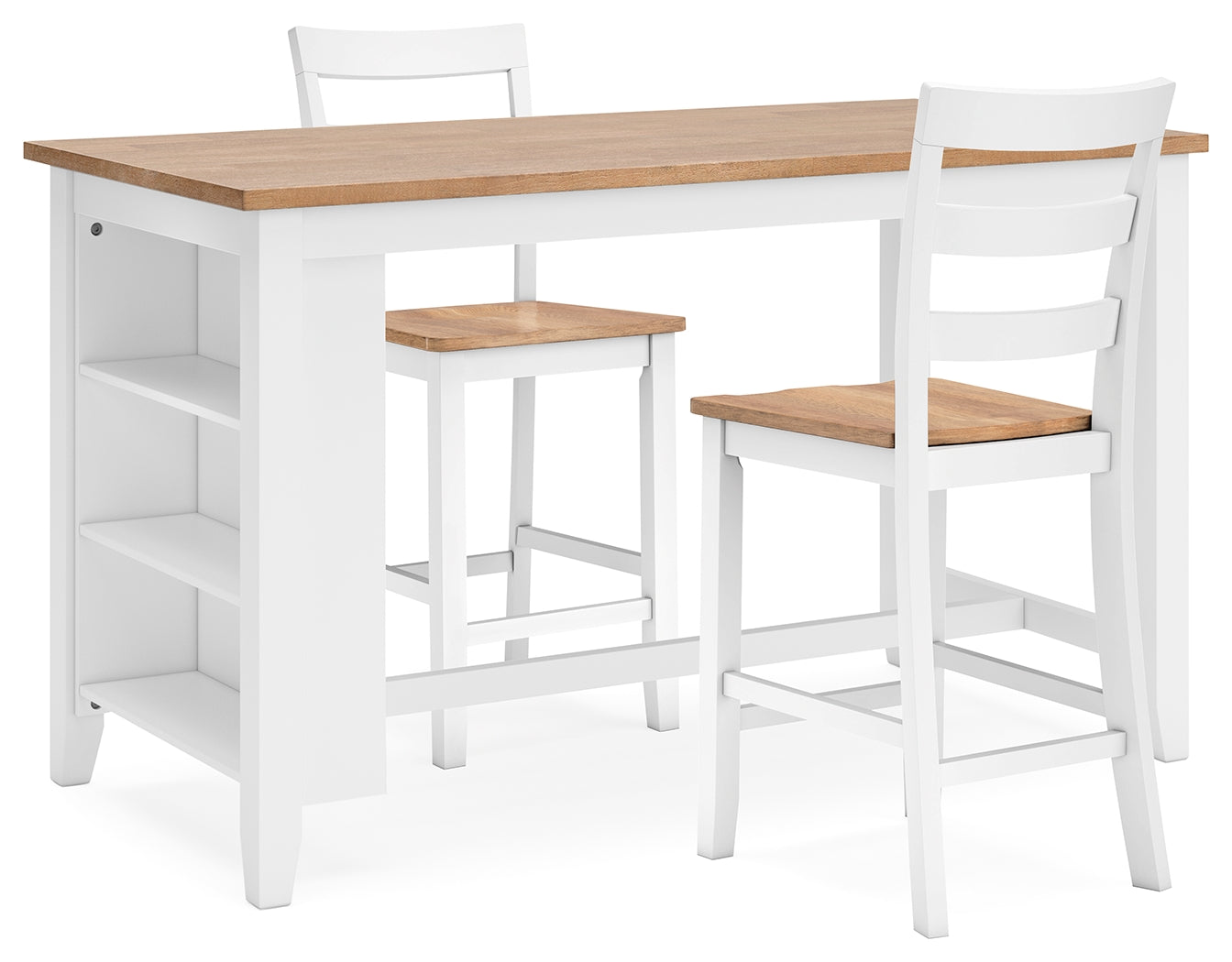 Gesthaven natural wood and white counter height dining table with two barstools, front view