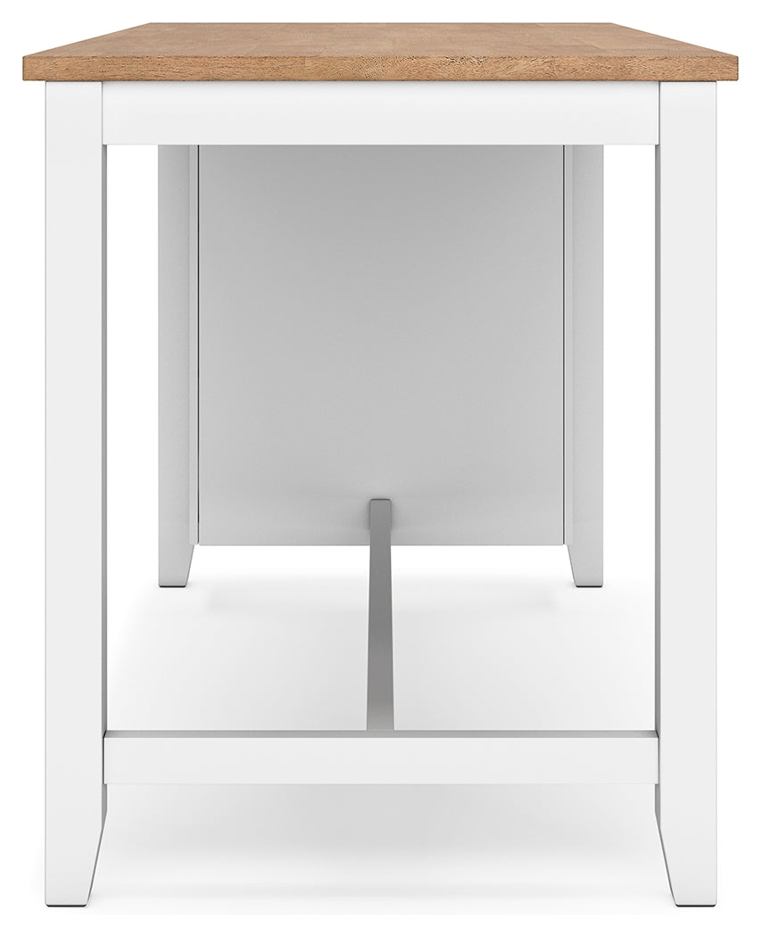 Gesthaven natural wood and white counter height dining table with two barstools, front view