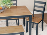 Close detail of Gesthaven dining table's wood texture and blue finish