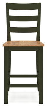 Close-up of table leg with green finish and natural wood grain