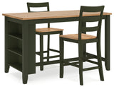 Counter height dining table side angle with natural wood top and green legs