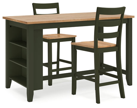 Counter height dining table side angle with natural wood top and green legs