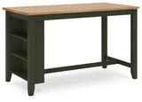Gesthaven dining table side view showing green accents and shelves