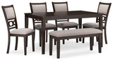 Set of 4 beige upholstered chairs with fretwork backrest and matching bench by Langwest
