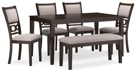 Set of 4 beige upholstered chairs with fretwork backrest and matching bench by Langwest