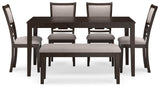 Front head-on view of Langwest dining table and 4 upholstered chairs set