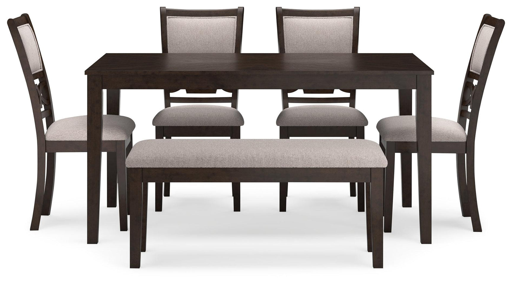 Front head-on view of Langwest dining table and 4 upholstered chairs set