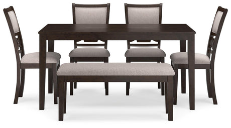 Front head-on view of Langwest dining table and 4 upholstered chairs set
