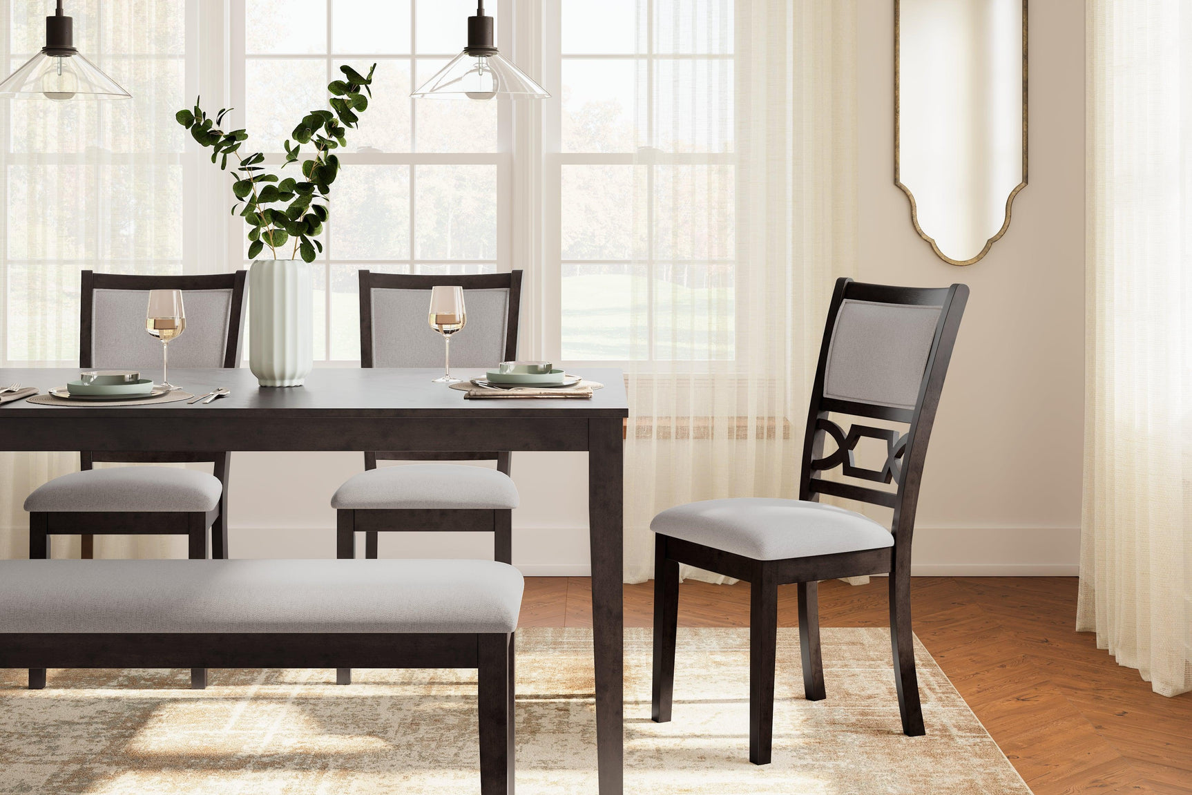 Styled scene of Langwest dining set in casual dining room setting