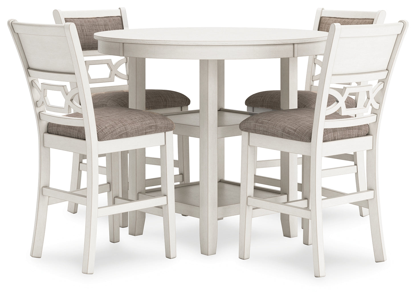 Angled view of Erinberg antique white round counter height dining table